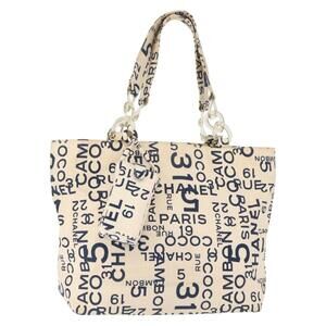 CHANEL Bysy line Tote Bag Canvas Plastic Navy Clear CC Auth 154763